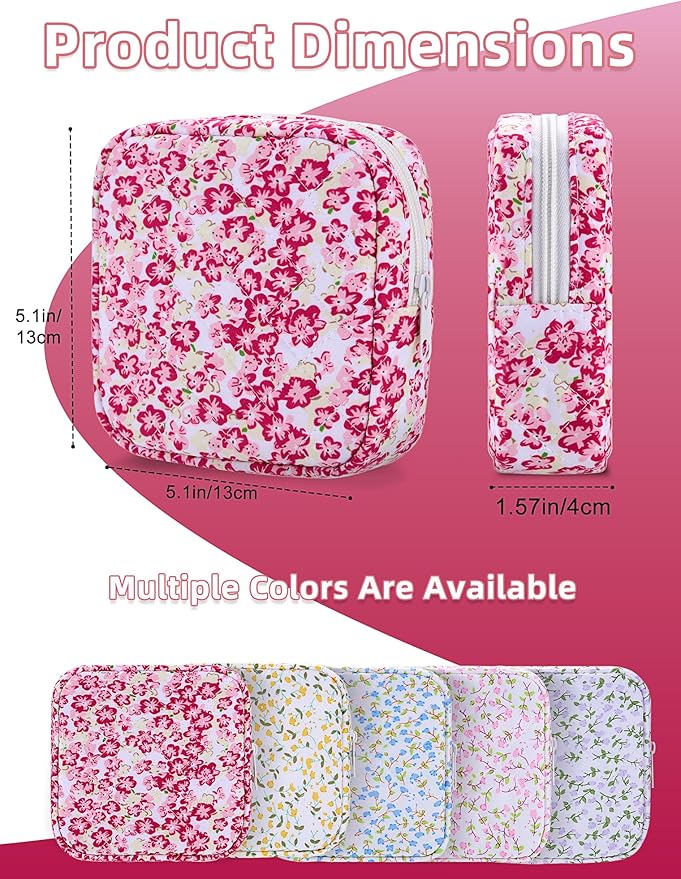 Period Bag for Girls, Quilted Period Pouch for Women, Floral Sanitary Napkin Storage Bag Menstrual Pad Pouches Tampon Holder for Purse Pad Bag Gifts for Teen Girls(Red)