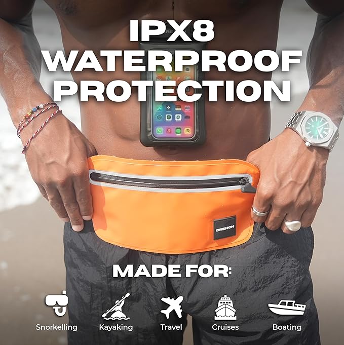 Drench Waterproof Fanny Pack & Waterproof Phone Pouch Set | IPX8 Submersible Waist Pack Dry Bag for Fishing, Hiking, Camping, Kayaking, Paddle Boarding & Water Sports | Orange