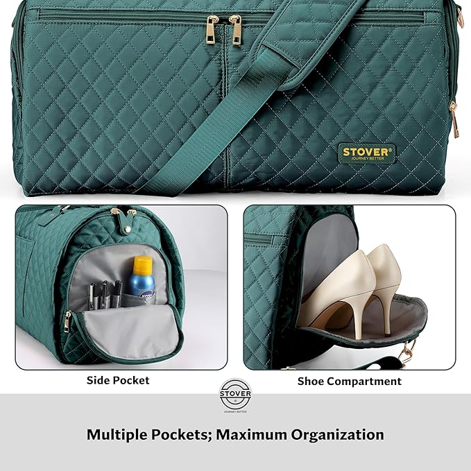 STOVER Women’s Convertible Garment Duffel Bag for Travel – 2-in-1 Carry-On Weekender/Overnight Tote - Wrinkle-Free Dresses, Suits & Clothes + Shoe Compartment & Bonus Toiletry Bag (Emerald Green)