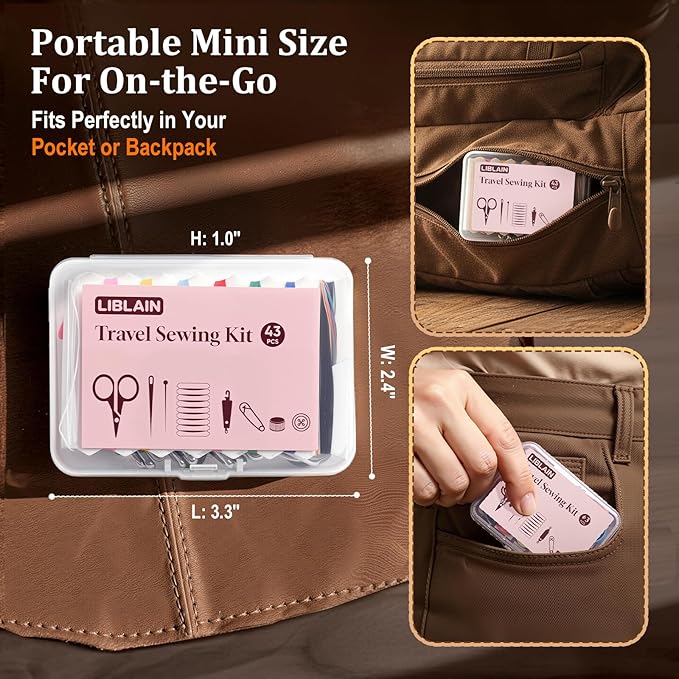 LIBLAIN Mini Sewing Kit, Small Travel Sewing Kit with Big Eye Steel Needles for Adults and Beginners, Needle and Thread Kit for Hand Sewing (43Pcs)