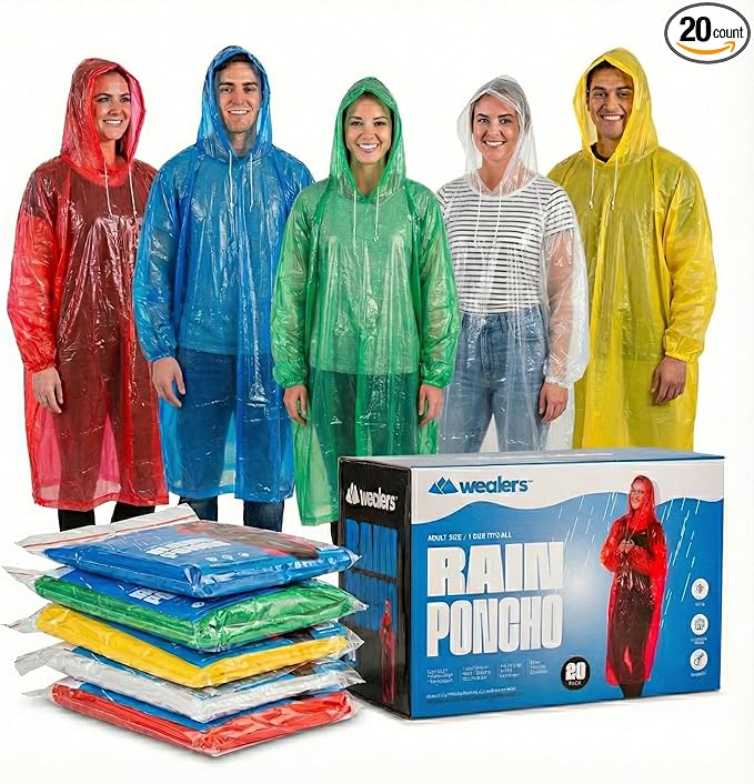 Wealers Rain Poncho Bulk Pack Disposable Ponchos Adults Emergency Raincoat Hood Strings Multi Colors