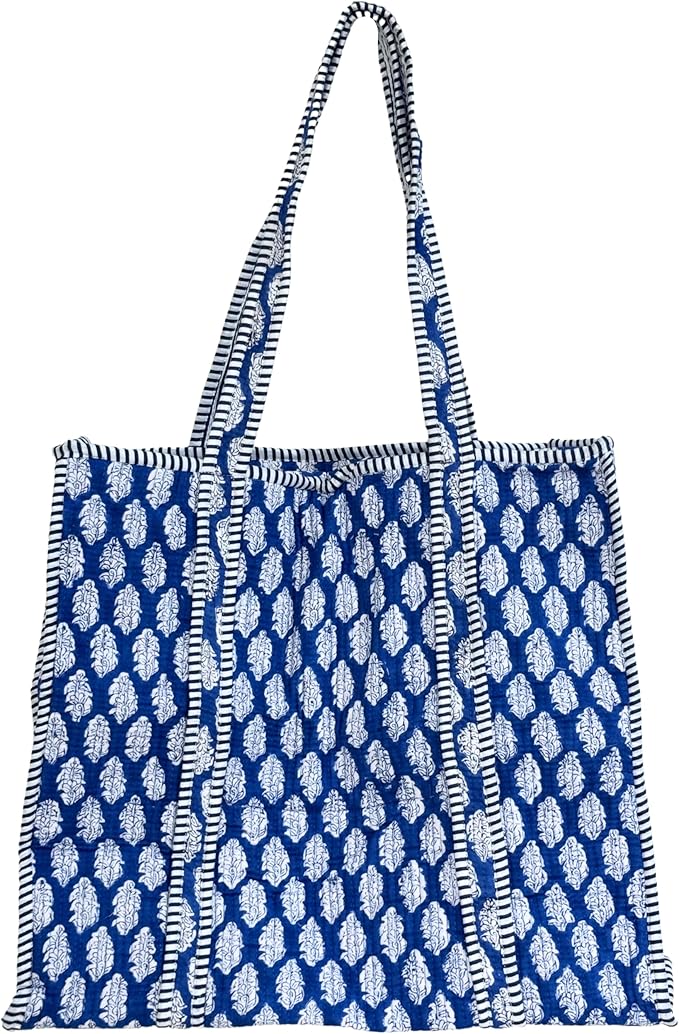 ATOSII Women Handblock Print Quilted 100% Cotton Floral Large Shoulder Tote Bag with Pocket, Zipper for Work, Beach & Travel