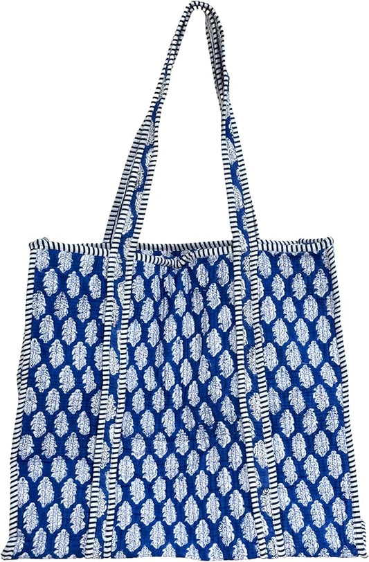 ATOSII Women Handblock Print Quilted 100% Cotton Floral Large Shoulder Tote Bag with Pocket, Zipper for Work, Beach & Travel