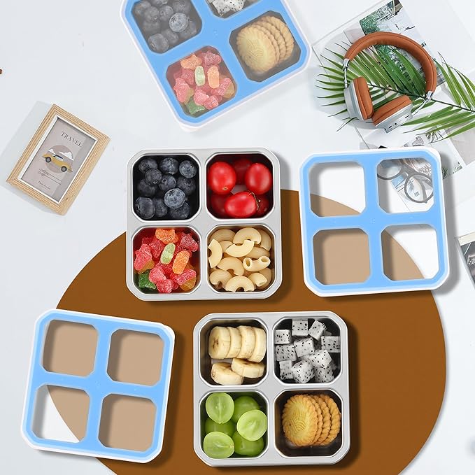 BEFOY 4 Pack Stainless Steel Snack Containers with Lids 4 Compartment Food Storage Containers for Adults & Kids Meal Prep Containers Reusablele (Sky blue, 4)