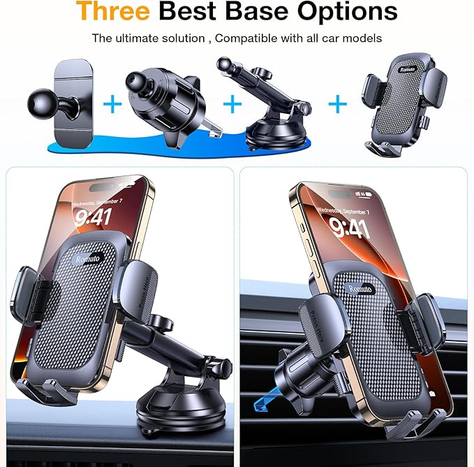 Romuto Phone Holders for Your Car Phone Holder Mount【Strongest Suction】 Cell Phone Mount for Car Dash Pad Car Accessories for Women Men Dashboard/Windshield/Vent Truck Stand Mount for iPhone Samsung