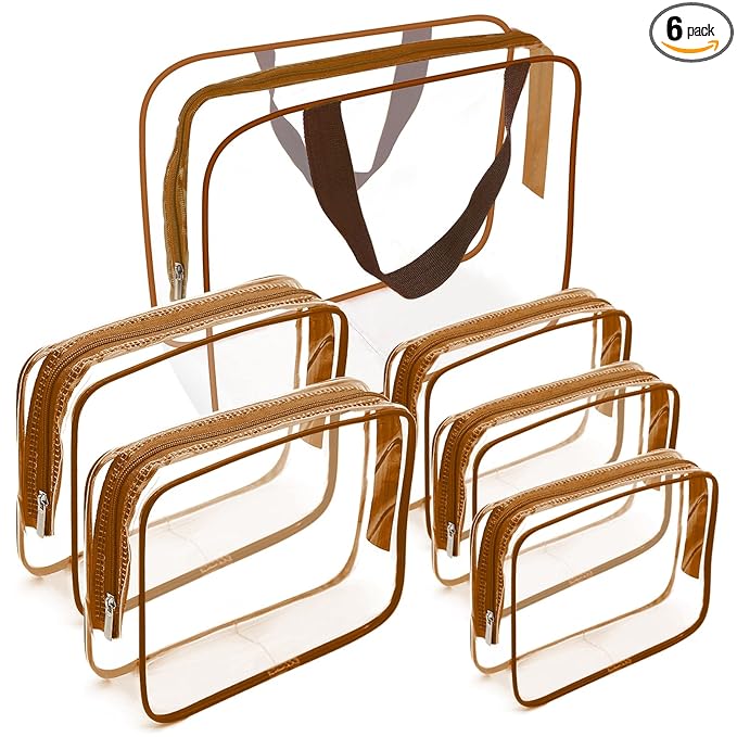 APREUTY Clear Makeup Bags, TSA Approved 6Pcs Cosmetic Makeup Bags Set Clear PVC w/Zipper Handle Portable Travel Luggage Pouch Airport Airline Bags Bathroom (Coffee)