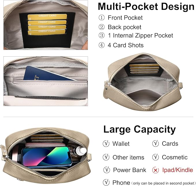 Small Crossbody Bags for Women Genuine Leather, Guitar Strap Shoulder Handbag Purse Camera Bag with Rfid Card Slots, nude