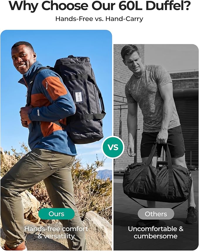 BAGSAMRT 60L Foldable Duffle Bag for Travel, Large Travel Duffel Bag for Men, 4 in 1 Travel Backpack, Carry on Weekender Bag, Gray