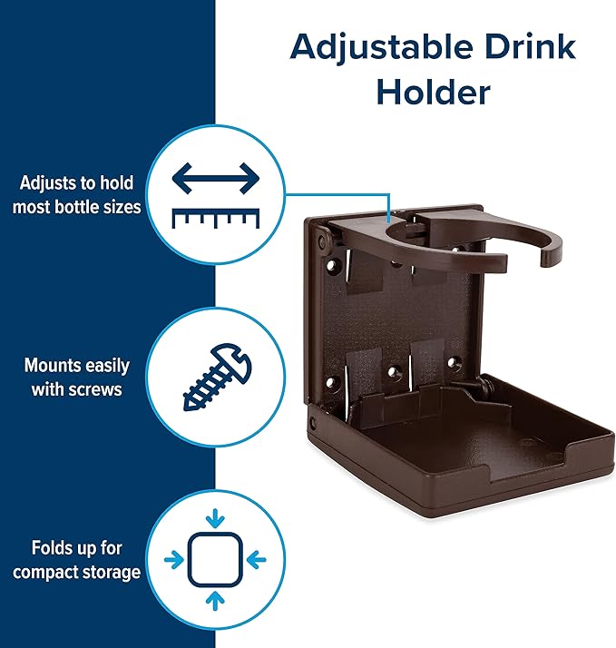 Camco Camper/RV Drink Holder - Features Adjustable Space-Saving Design & Holds Almost Any Size Mug, Cup, Bottle or Can - Extra Cup Holder for Cars, Trucks, RVs, Vans, Boats, and More - Brown (44043)