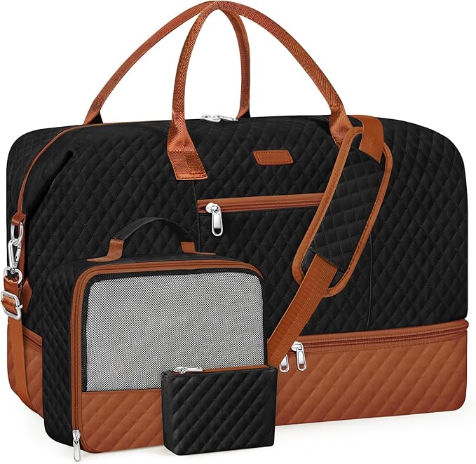 ITIEZY Weekender Overnight Bag for Women - Large Travel Duffel Bag with Shoe Compartment, Gym Duffel Bag Hospital Bag Carry On Tote Bags for Airplanes with Crossbody Bag Toiletry Bag 3Pcs Set