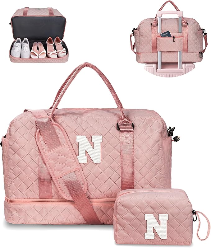 Vogewood-Teen Girl Gifts Trendy Stuff-Initial Duffle Bag, Sister Gifts - Weekender Overnight Dance Bag for Girls-Travel Bag with Monogram, Letter Bags With Shoe & Makeup Compartments (N)