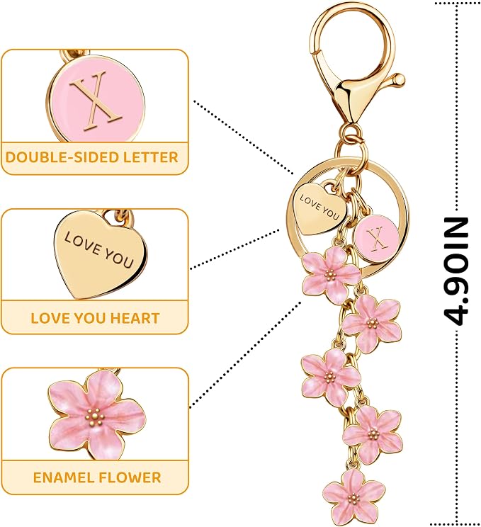 Suweibuke Cute Initial Letter Keychain with Love You Heart, Enamel Flower Charm for Key Handbag Backpack - Women Girls Gifts