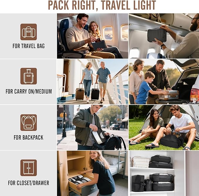 Veken 10 Set Packing Cubes for Travel Essentials,Anti-Wrinkle Buckled Suitcase Organizer for Shoe & Toiletry Bag,Carry On Luggage Bag for Airplane & College Dorm Room Accessories,Women Men Gifts