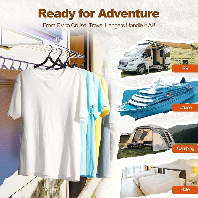 HOUSE DAY 10 Pack Travel Hangers with Clips, Cruise Essentials 2026, Black Foldable Hangers for Pants Skirt, Lightweight Portable Collapsible Clothes Hangers Space Saving Set for Hotel, RV, Dorm