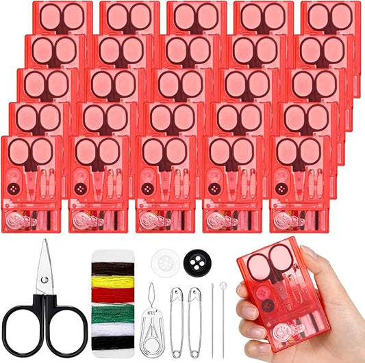 Knitgrip 25 Boxes Mini Travel Sewing Kit Quick Fix Sewing Kits Bulk Basic Portable Pre Threaded Needle Emergency Repair Tool for Adults DIY Handcraft Wedding Gifts Beginner Traveler Home Hotel (Red)