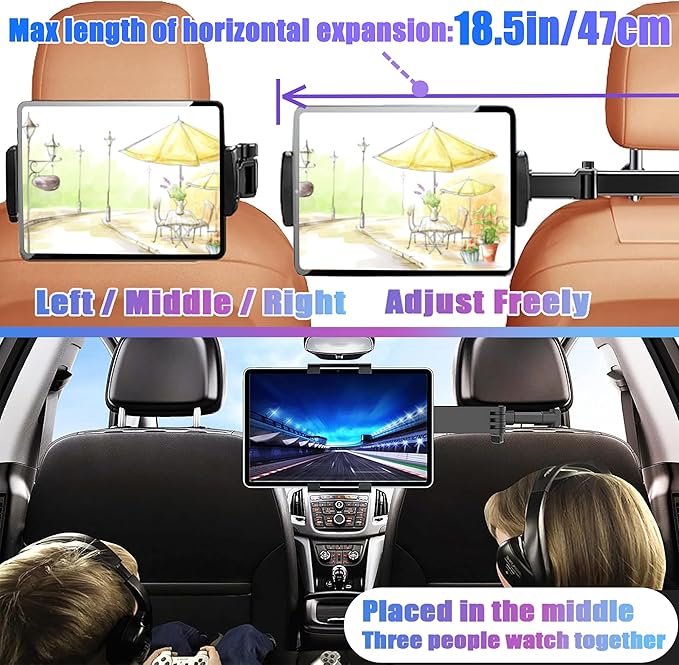 Car Tablet Holder for Backseat, for ipad Headrest Mount, Car Mount for Back Seat with 360°Rotating, [3 in 1 Extension Arm], for Most Tablets/Phones, Fit Larger Tablet(Short Side ≤10.6") - Black