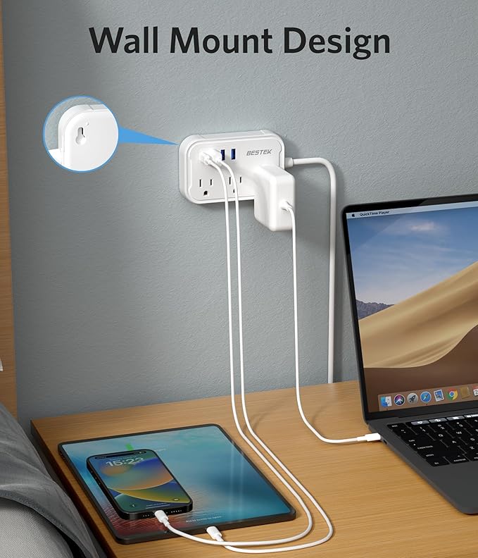 BESTEK US to UK Travel Plug Adapter: Type G Adapter with 3 AC Outlets and 4 USB (1 PD20W) - Power Strip for USA, UK, Ireland, Scotland, Hong Kong, British, London - 2.6ft
