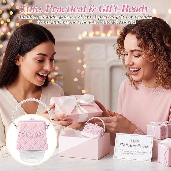 Saillong Cute Hand Sanitizer Holder, Pink Mini Handbag with Pearl Chain, Silicone Holder Compatible with Bath & Body Works PocketBac, Purse Style Body Work Sanitizer Holders