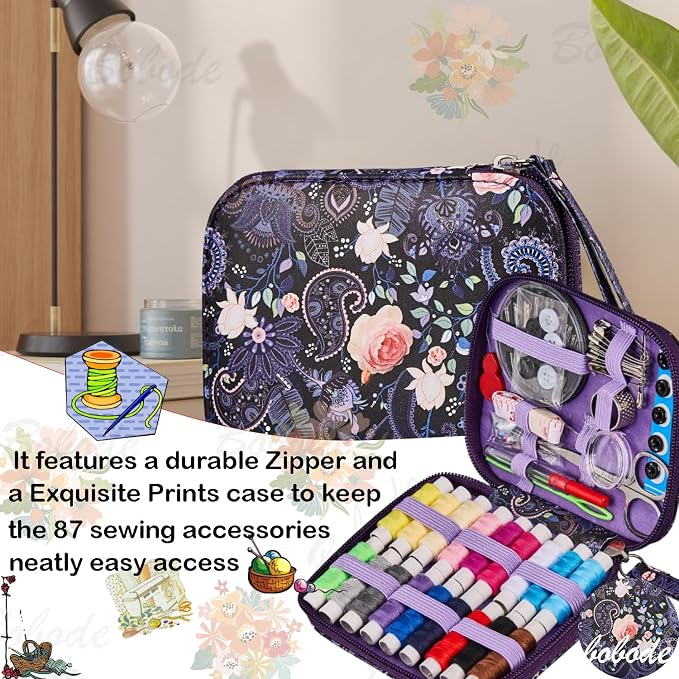 Purple Cute Travel Sewing Kit with 87PCS Accessories | Printing Sewing Kit Bag with 18 Colors Sewing Thread, Basic Professional Sewing Supplies for Beginners & Emergency