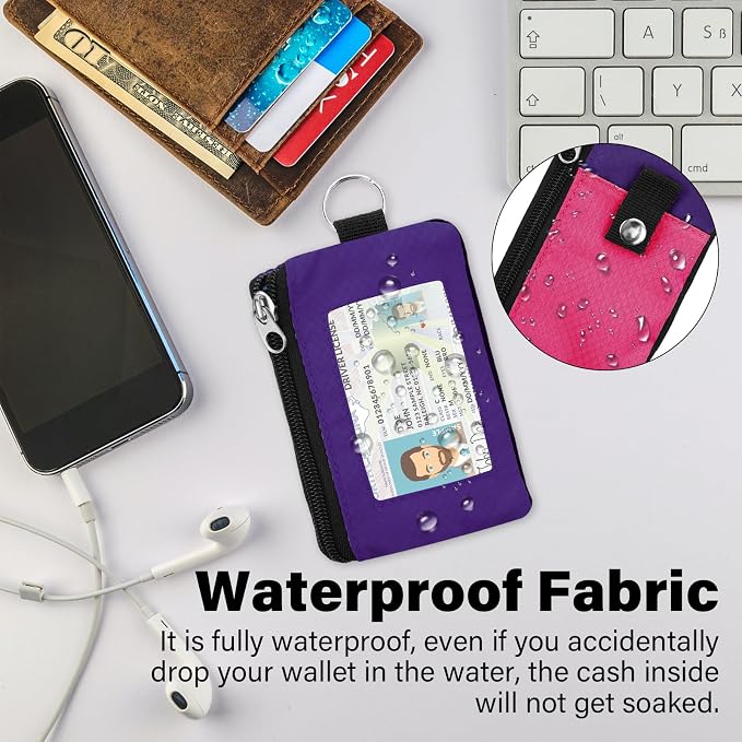 Minimalist RFID Wallet with Lanyard, Multi-functional ID Case with 2 Zipper Pockets and Key Chain for Men and Women, Tactical Badge Pouch Cards Holder, Coin Purse for Travel Sports - Purple&Rose
