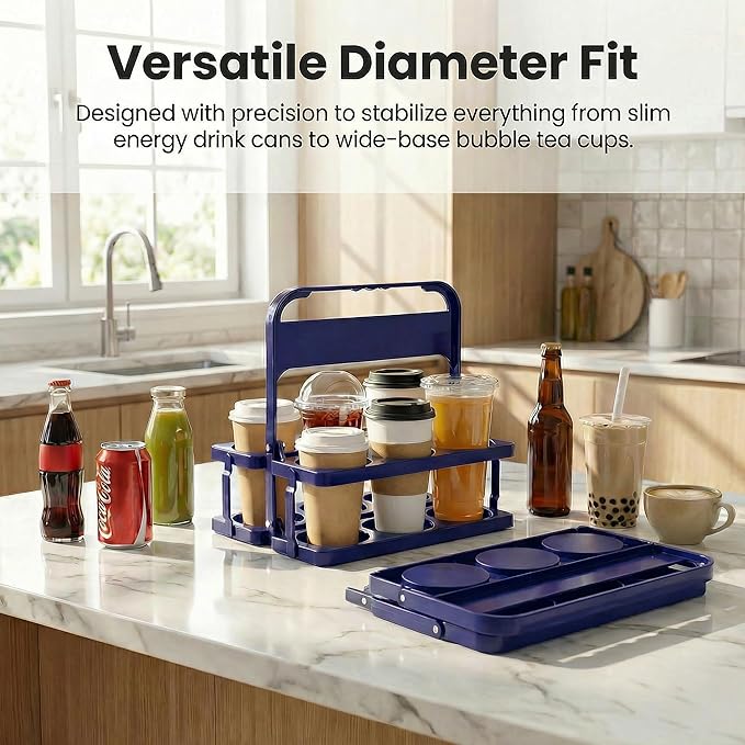 6 Cup Drink Carrier for Delivery - Foldable Drink Holder with Handle, Reusable Cup Carrier for Drinks, Portable Beverage Caddy Accessories for Parties, Camping, Car, Coffee & Bottles (Blue)