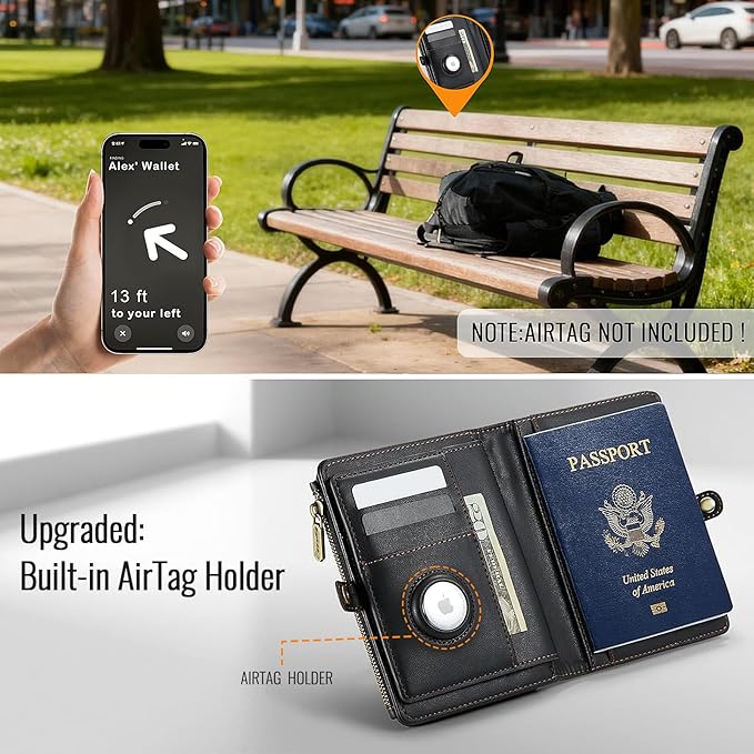 Passport Holder Wallet Bag with AirTag Holder, 11 Card Slots and Passport Solt Cash Solt Photo Solt Zipper Pocket, RFID Blocking Wristlet Strap.Black