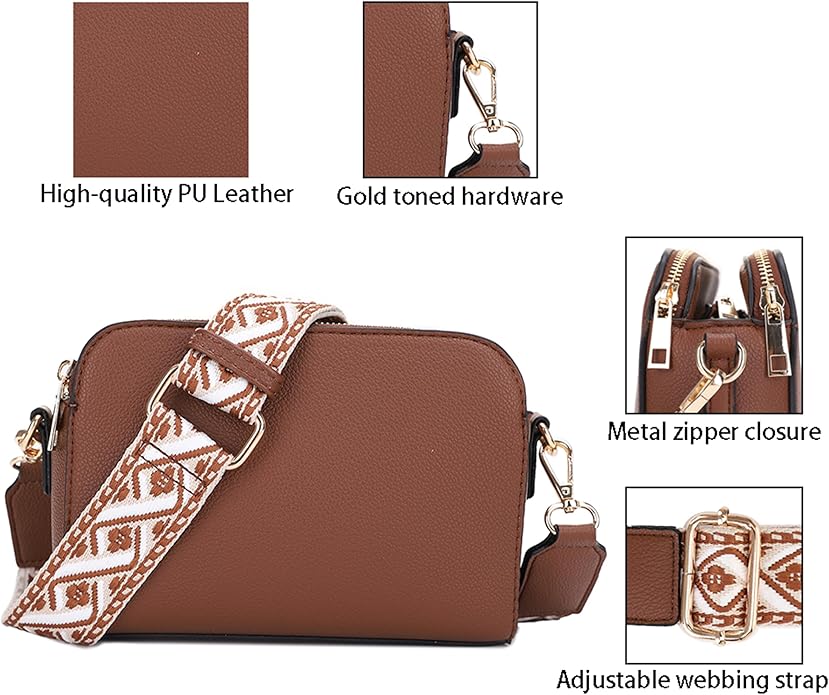 EVVE Crossbody Bags for Women Trendy Triple Zip Small Crossbody Camera Bag Purse with Wide Guitar Strap