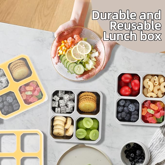 BEFOY 4 Pack Stainless Steel Snack Containers with Lids 4 Compartment Food Storage Containers for Adults & Kids Meal Prep Containers Reusablele (Yellow, 4)