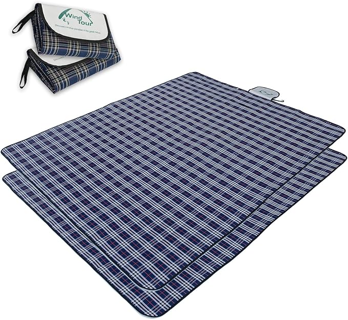 Wind Tour Waterproof Picnic Blanket with Carry Strap - Foldable Sandproof Outdoor Mat for Camping, Beach, Park - 59" x 71",Navy Blue(Two Mat Set)