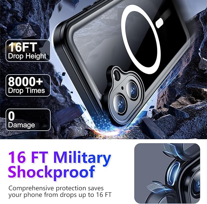 Compatible with iPhone 16 Case Waterproof, Compatible with MagSafe Built-in Screen & Camera Protector IP68 Underwater Full Body 16FT Military Dropproof Shockproof Phone Case 6.1"-Black