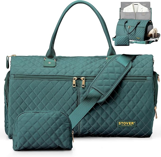 STOVER Women’s Convertible Garment Duffel Bag for Travel – 2-in-1 Carry-On Weekender/Overnight Tote - Wrinkle-Free Dresses, Suits & Clothes + Shoe Compartment & Bonus Toiletry Bag (Emerald Green)