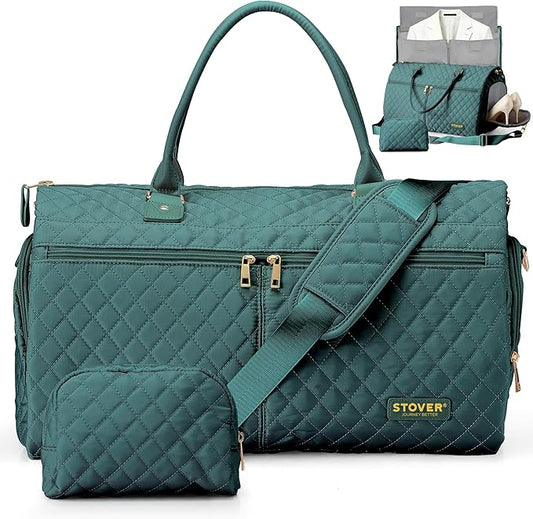 STOVER Women’s Convertible Garment Duffel Bag for Travel – 2-in-1 Carry-On Weekender/Overnight Tote - Wrinkle-Free Dresses, Suits & Clothes + Shoe Compartment & Bonus Toiletry Bag (Emerald Green)