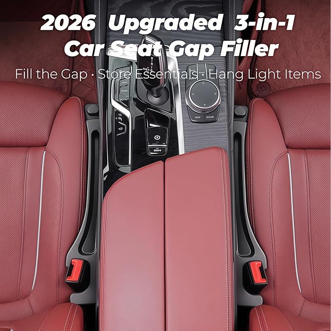 Car Seat Gap Filler 2 Pack, Upgraded 3-in-1 Car Seat Gap Plug Organizer with Storage Slot & Hook, Universal Fit No-Drop Seat Side Gap Seam Filler Between Seat & Console for Car, SUV, Truck