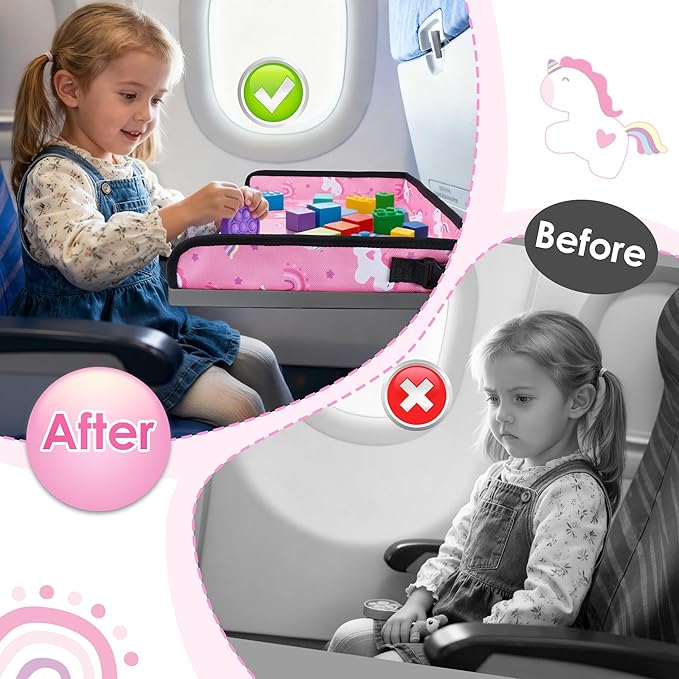 Kids Travel Tray Table Cover with Pockets – Airplane Essentials for Toddlers, Portable Activity Organizer for Plane, Train Car & Highchair, Machine Washable (Pink)