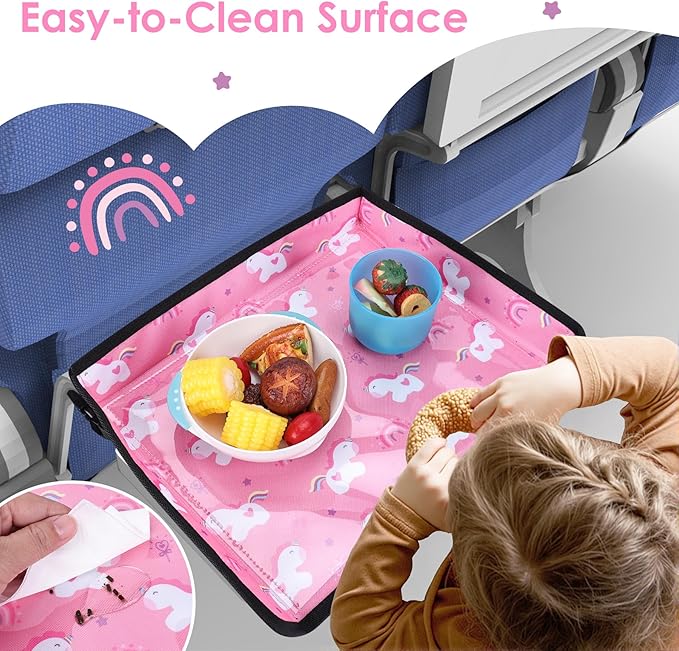 Kids Tray Table Cover, Airplane Tray Cover with Pockets, Airplane Travel Essentials for Kids, Portable Airplane Must Haves for Toddler on Plane or Train and Flying Supplies (Pink)