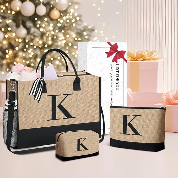 BAGAIL Initial Tote Bag, Personalized Birthday Gifts for Women, Teacher, Friends, Mom, Wedding, Monogrammed Beach Bag