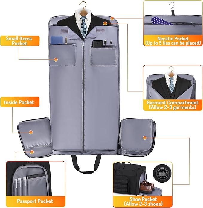 MOZETO Convertible Garment Duffle Bags for Travel, Carry On Suit Duffle Bags with Shoulder Strap 2 in 1 Hanging Garment Duffle Bag for Men