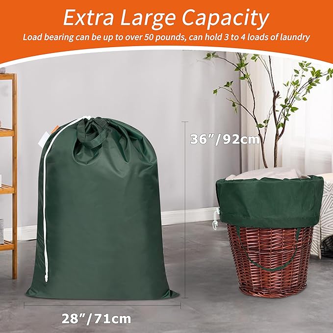 Polecasa Extra Heavy-Duty Laundry Bag 28x36”- Machine Washable Large Storage Bag with Reinforced Handles & Drawstring Closure & ID Tag for College Dorm Travel - Green
