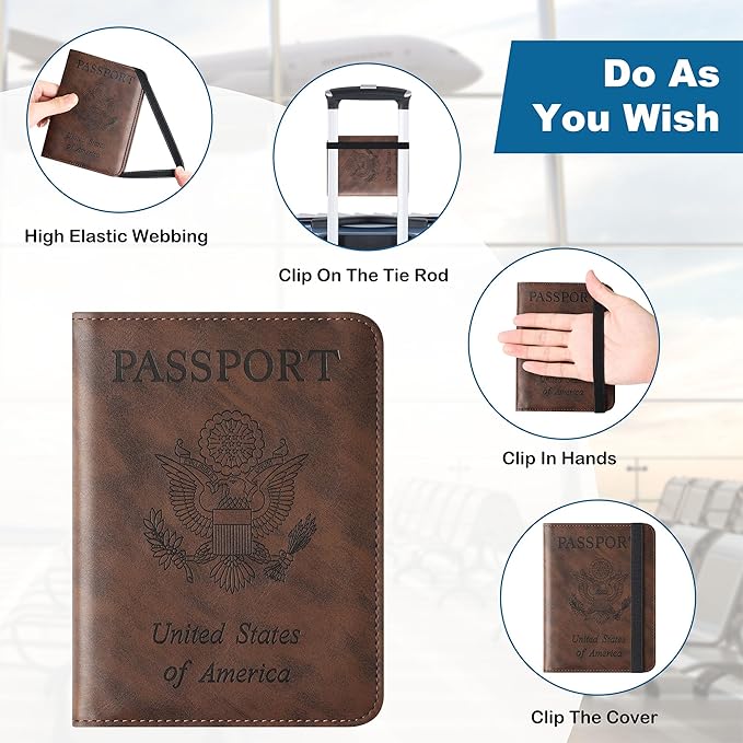 Airtag Passport Holder for Travel Essentials Wallet Rfid Blocking Cover Leather Case Vacation Travel Accessories for Women Men (601#Coffee)