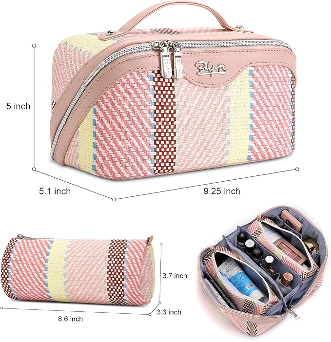 BOYATU Travel Makeup Bag Cosmetic Bag for Women: 3 Pcs Set Make up Bag with Compartments - Waterproof Vegan Leather Toiletry Bags with Handle - Makeup Organizer for Travel Essentials(C-3-Pink)