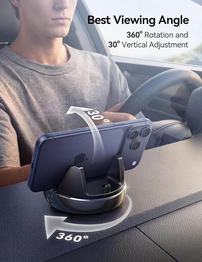 JOYROOM Car Phone Holder Mount, 360° Adjustable & Avoid Sun Glare Phone Holder for Car, Slip Free Spring Snap Design Dashboard Phone Stand, Compatible with Smartphones, GPS Devices
