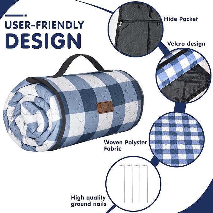 HX&OD Outdoor Picnic Blanket, Extra Large, 80''x60'' Waterproof Foldable Blankets Gingham Picnic Mat for Beach, Camping Grass Lawn Park Accessories Cute Couple Ideas Wedding (Blue, 80”x60”)