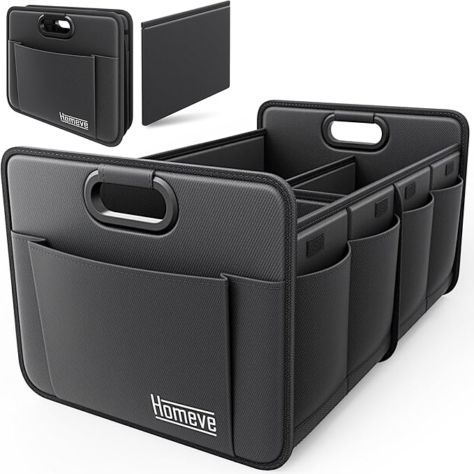 Homeve Car Trunk Organizer for SUV, 18.5Gal Large Capacity No-Sag Heavy Duty, Foldable Waterproof Anti-Slip Storage with 12 Pockets, Fit Sedan,Truck, Universal Car Accessories, Black, Large, 2 Compart
