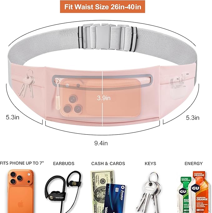 Slim Running Belt for Men Women - No-Bounce Phone Holder Waist Pack, Runners Fanny Pack with Sweat-Proof Pocket ，Travel Money Pouch for Gym/Hiking/Cycling (Light Pink)