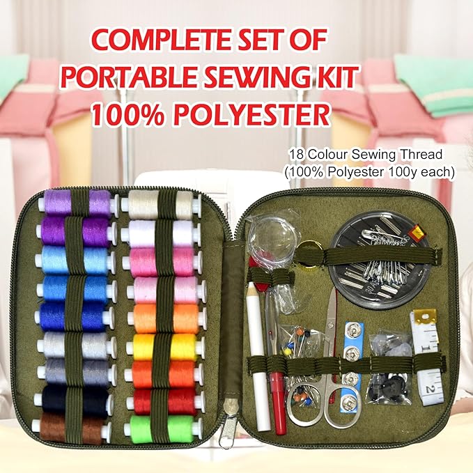 Sewing Kit with Case Portable Sewing Supplies for Home Traveler, Adults, Beginner, Emergency, Contains 18 Sewing Thread, Scissors, Needles, Measure etc,Army Green