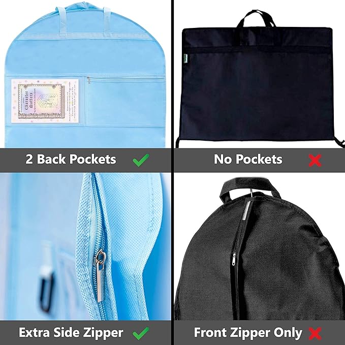 Waterproof Hanging Garment Bag 40 inch Clothes Bag with Gusset, 5 Pockets & Side Zip for Dance Costumes, Sports, Skating, Theatre, Beauty Pageants, Cheer & More by Kendall Country, Sky Blue