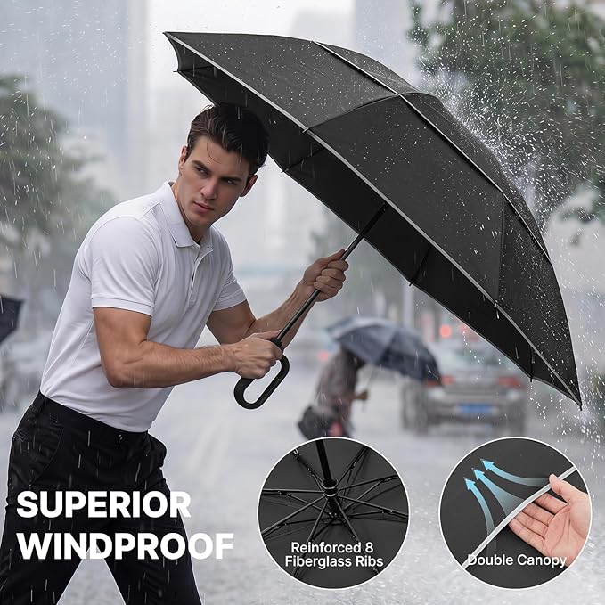 G4Free 46inch Ring Buckle Umbrella, Inverted Design with Carabiner Handle, Compact Travel Umbrella with Reflective Strip, Automatic Windproof for Rain