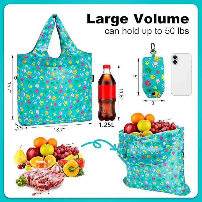 HOLYLUCK Reusable Grocery Bags,Heavy Duty Foldable Shopping Tote Bag (Standard, 3 Green Dog Paw Prints)