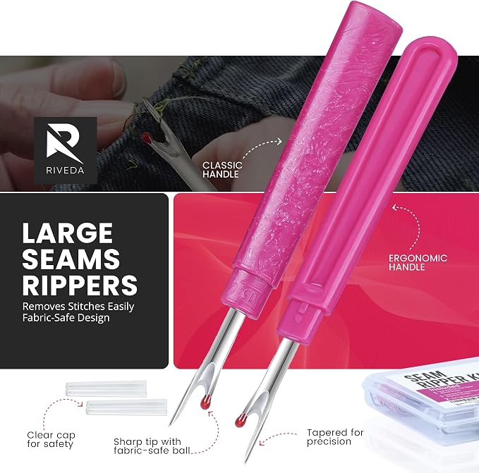 Seam Ripper Kit 7 Pcs - 1 Large, 1 Ergonomic, 2 Small Seam Rippers, Thread Cutter, Scissor, Measuring Tape - Sewing Accessories for Notions Quilting Crafts
