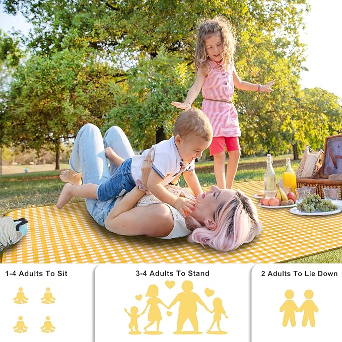 SAMSIER Outdoor Picnic Blankets Waterproof Foldable Sandproof, Large Gingham Cute Picnic Mat Washable Portable for Park Beach Camping Courtyard (Yellow, 60"×80")